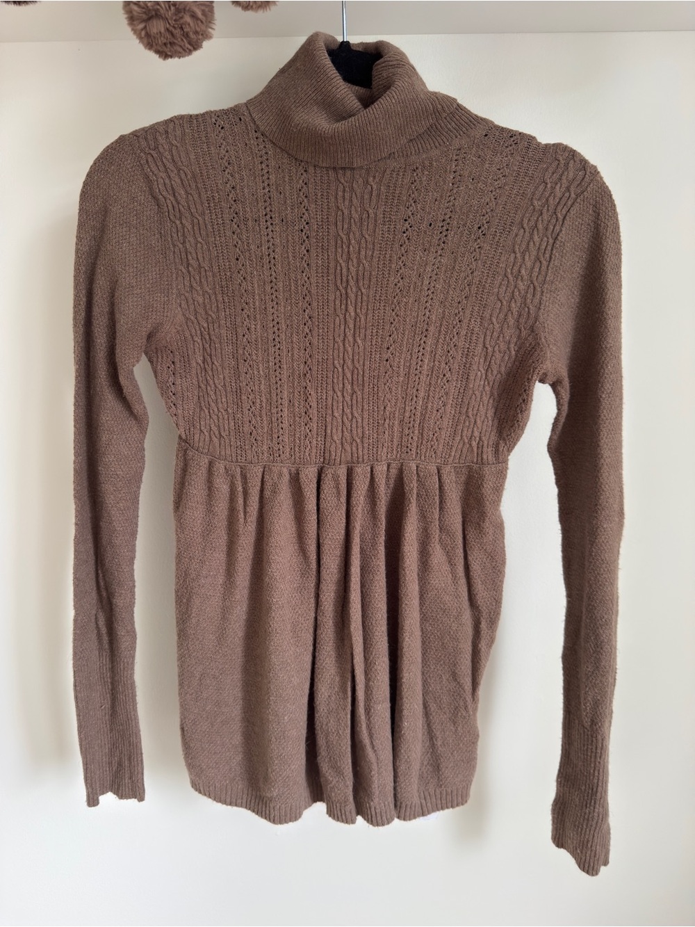 Zara Y2K Brown Cable Knit Empire Waist Turtleneck Sweater Size S